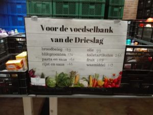 Een lijst met daarop aangegeven hoeveel producten de kinderen van De Drieslag voor de Voedselbank hebben verzameld
